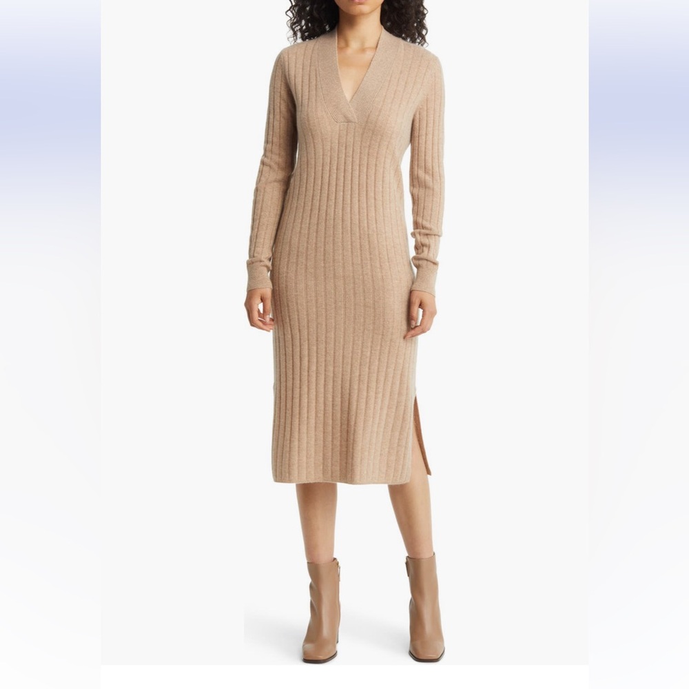 NWT Nordstrom Cashmere Ribbed V-Neck Midi sweater dress
